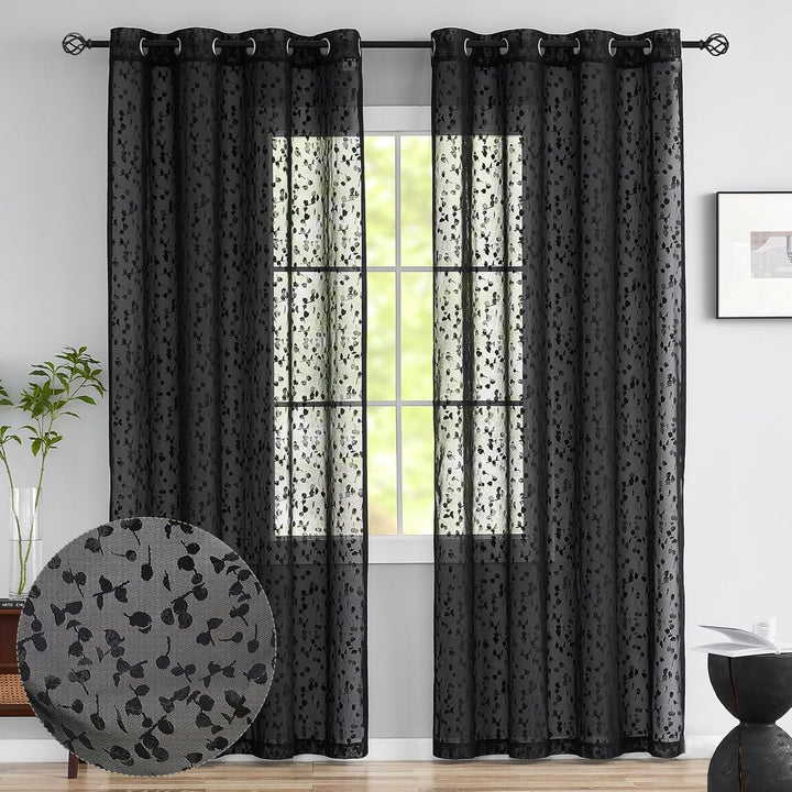 Treatmentex Schwarze Halbtransparente Spitze Vorhang Moderne Stickerei Gardinen mit Ösen Häkeln Stri