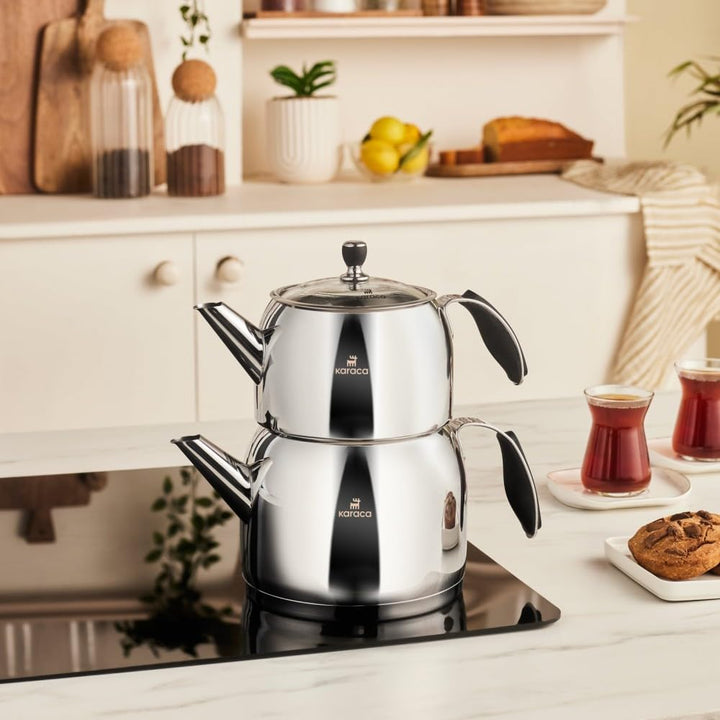 Karaca Stelly Teekannen-Set aus Edelstahl 304 (18/10), 2-teilig, 1 L + 2 L, Glasdeckel, induktionsge