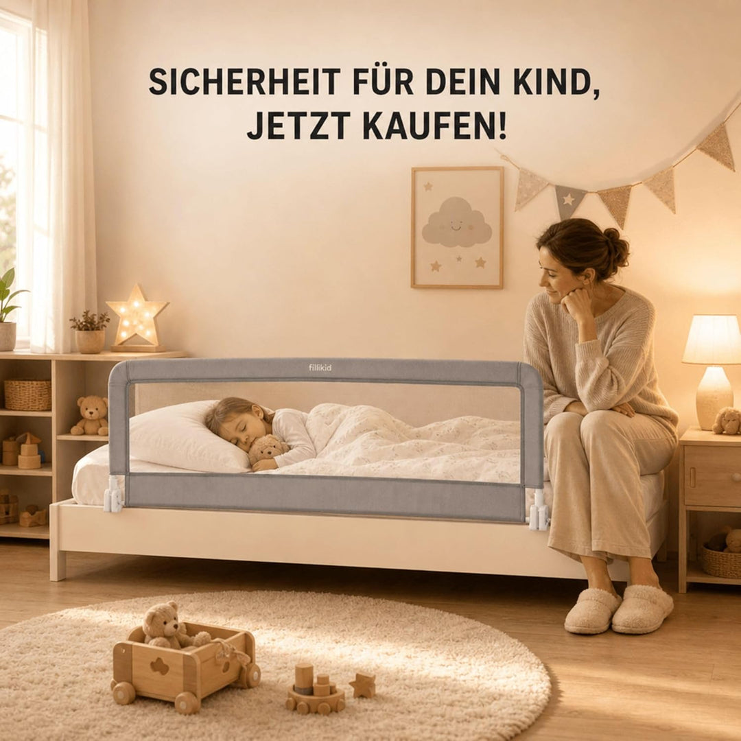 Fillikid Bettgitter für Standardbetten grau, Bettschutzgitter 150cm x 50cm, 100cm x 50cm, Kinderbett