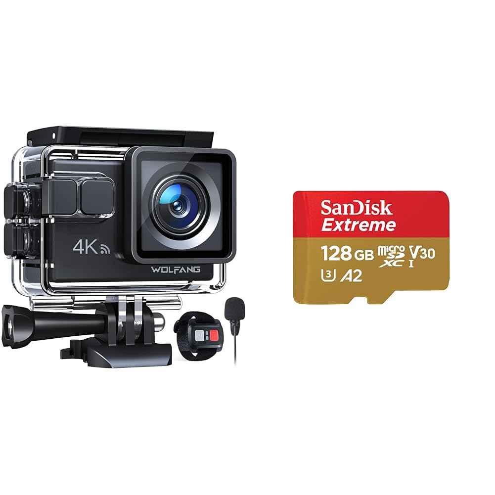 WOLFANG GA100 Action Cam 4K 20MP Unterwasserkamera & SanDisk Extreme microSDXC UHS-I Speicherkarte 1
