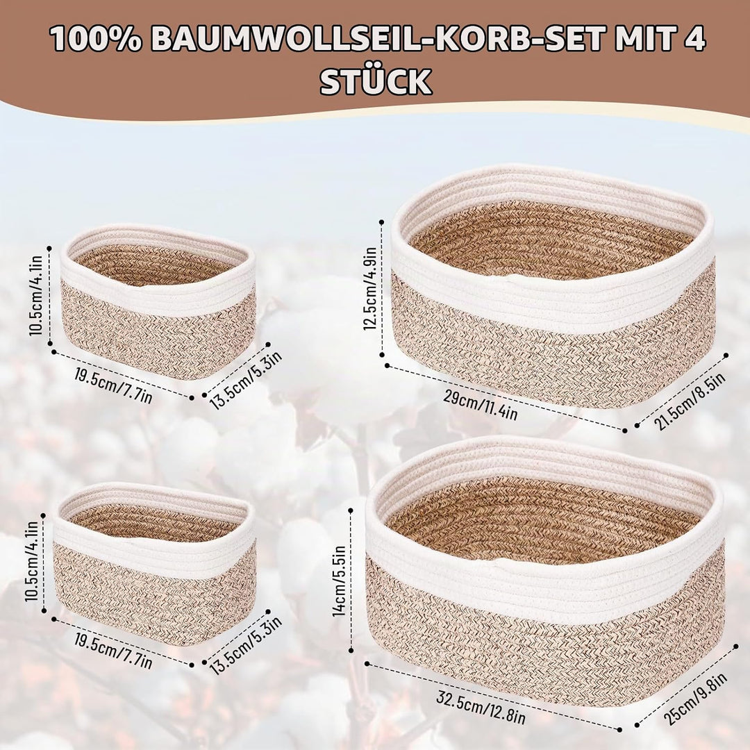 BBWELL 4er Set Aufbewahrungskorb aus Baumwollseil – Geflochtene Körbe – Stapelbare körbe aufbewahrun
