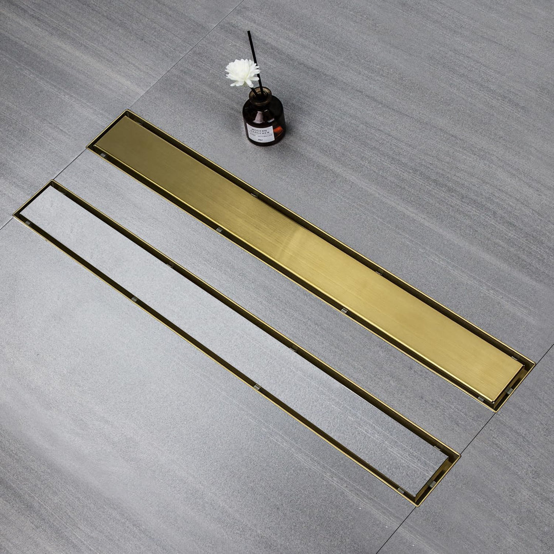 Duschrinne 50 cm, Gold Befliesbar Duschrinne extra flach, Edelstahl Bodenablauf Komplettset mit 360°