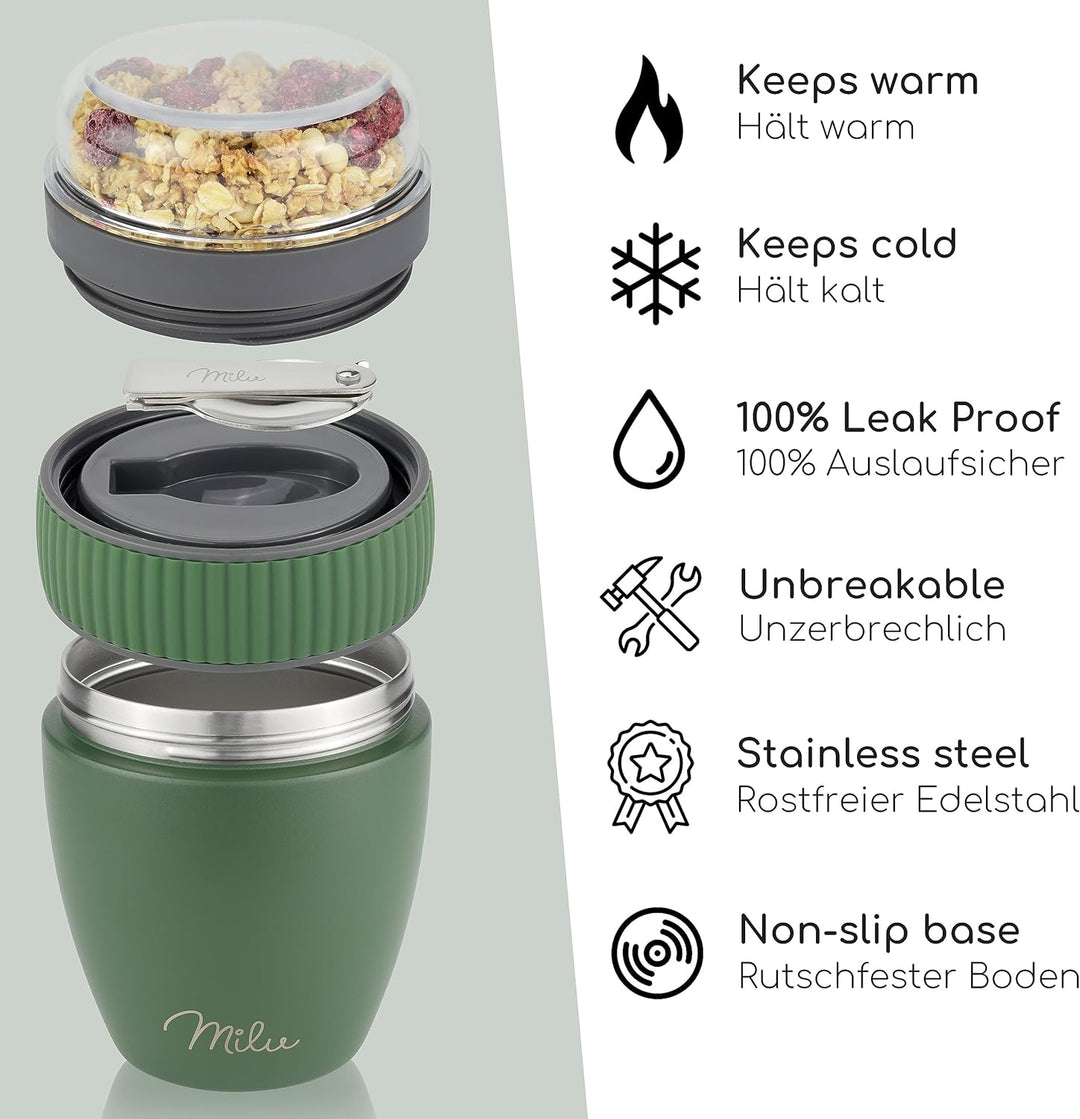 Milu Müslibecher to go 400ml I isolierter Edelstahl Joghurtbecher für Müsli I auslaufsicherer Becher