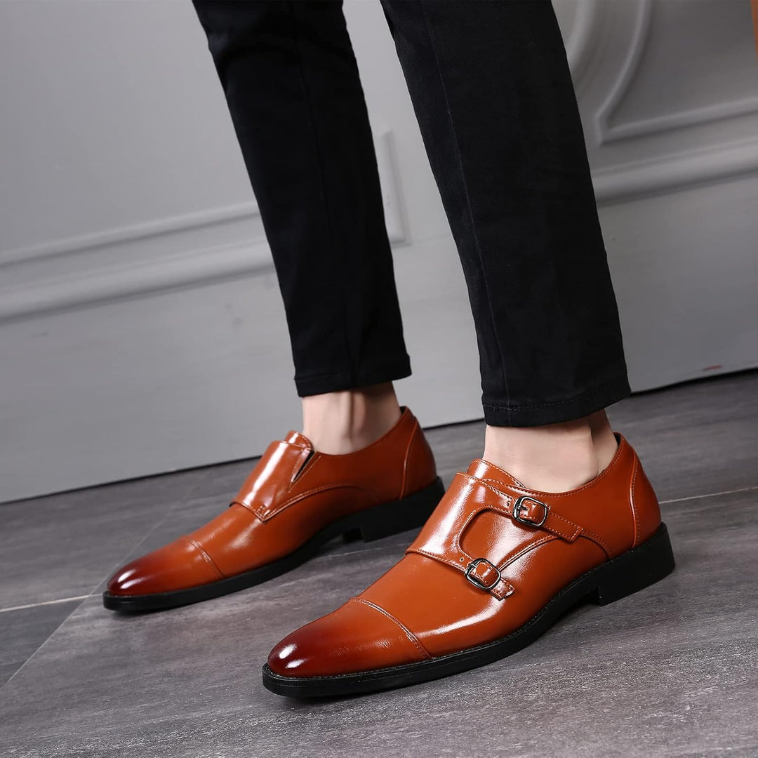 ANUFER Männer Smart Monk Brogues Formale Abendschuhe Aus Echtem Leder mit Holzabsatz 44 EU Braun Kun