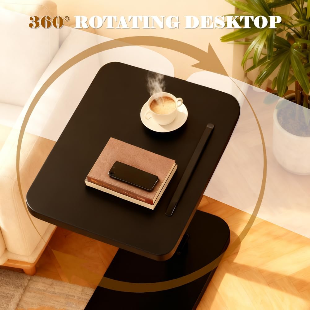 360° Drehbarer Beistelltisch, C-Form Höhenverstellbar, Nachttisch Kaffeetisch Sofatisch mit Metallge