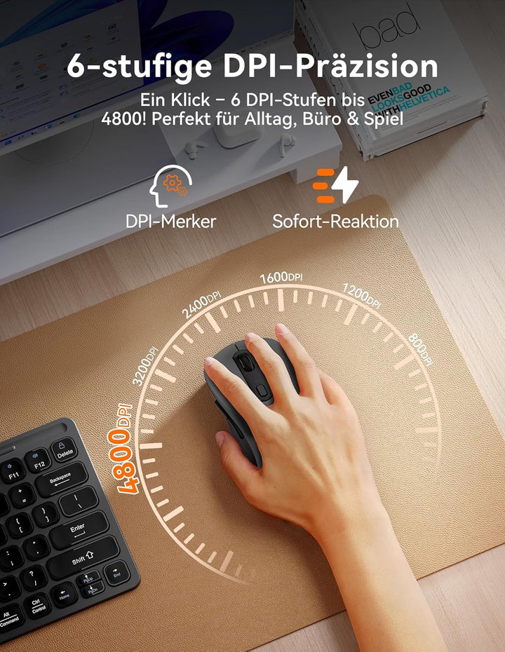 TECKNET Maus Kabellos, Bluetooth Maus (Tri-Modus: BT 5.0/3.0+2.4G) Funkmaus mit USB-A Empfänger, 480