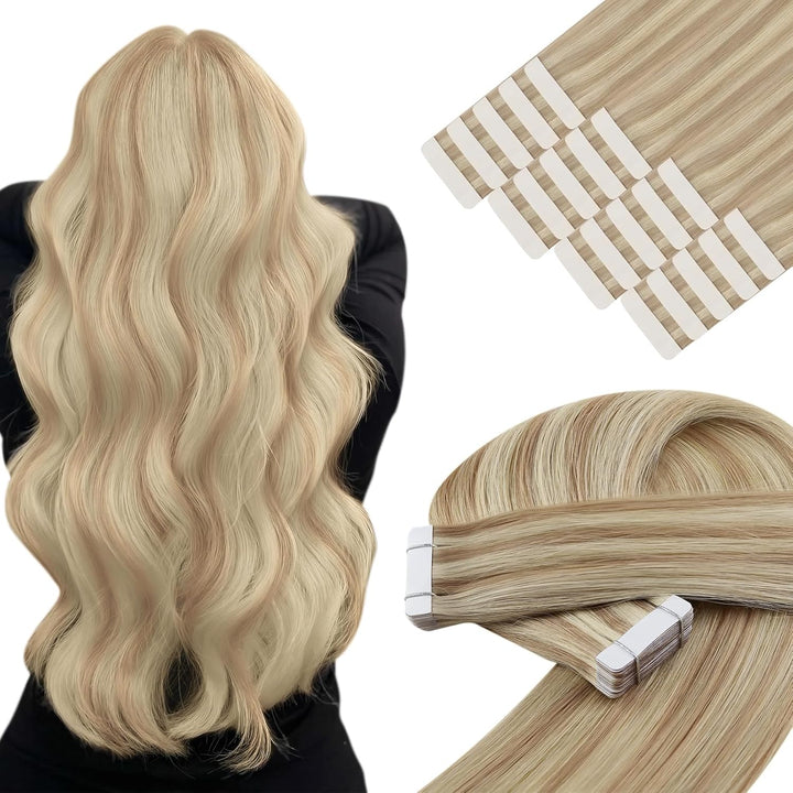 YoungSee Echthaar Extensions Tape Aschblond Tape Extensions Echthaar Blond 60cm Extensions Tape Echt