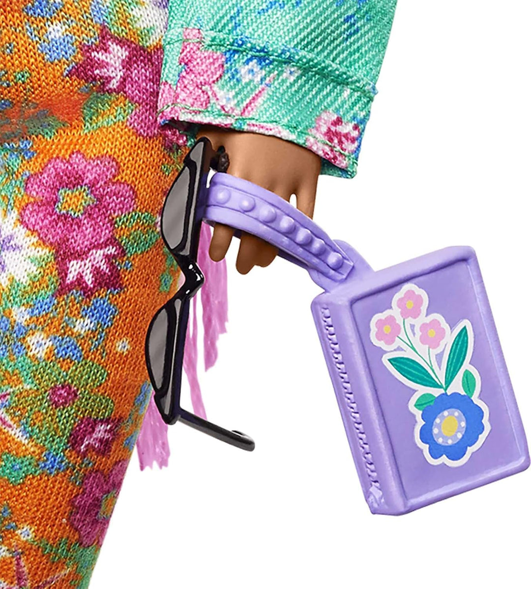 Barbie GXF09 - Extra Puppe, Pinke Flechtzöpfe, in Floral bedruckter Jacke & Hose, DJ Haustier-Maus,