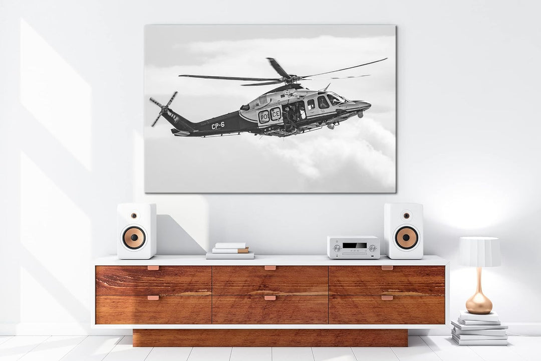 deyoli Helikopter im Einsatz Effekt: Schwarz&Weiss Format: 80x60 als Leinwandbild, Motiv fertig gera