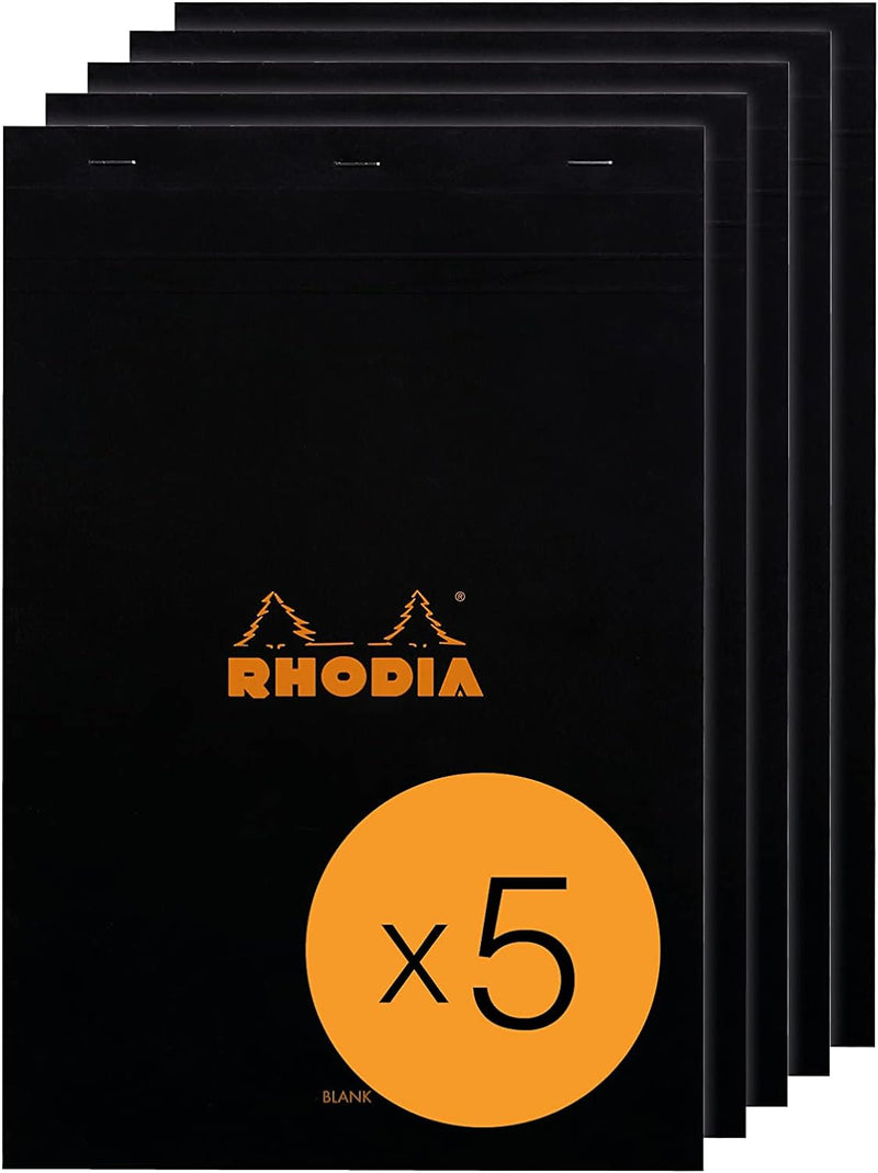 Rhodia 190009C - Packung mit 5 Notizblöcken geheftet No.19 A4+ 80 Blätter blanko 80g, Schwarz, 1 Pac