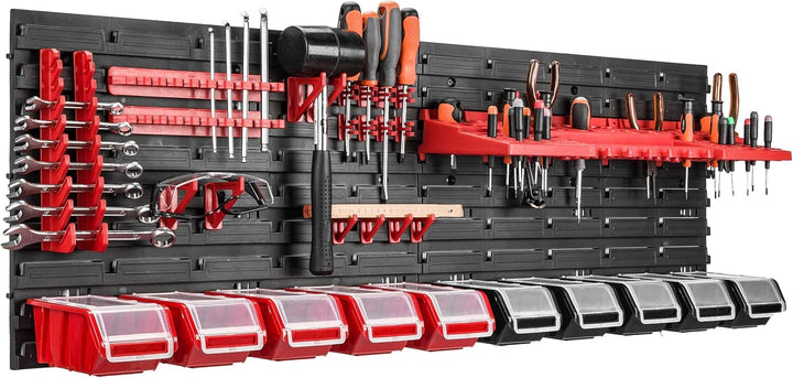 115 x 39 cm Wandregal 10 Sichtlagerkästen Deckel Werkzeughalter Stapelboxen Werkstatt Werkbank Rot /