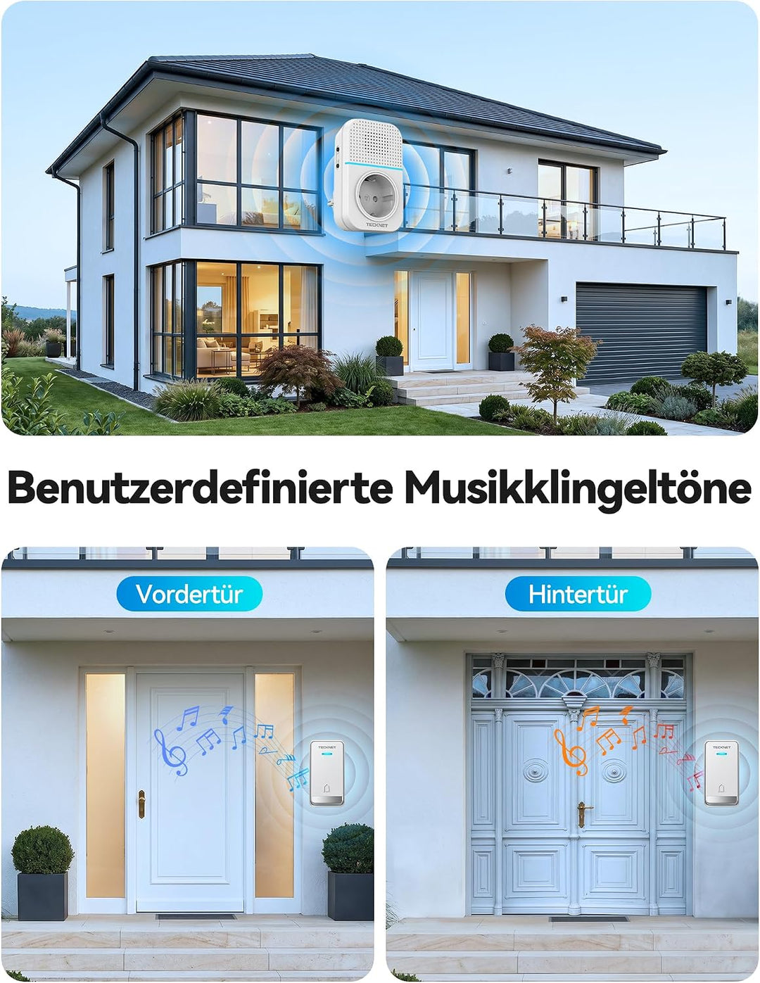 TECKNET Türklingel Batterielose, Steckdosen-Funkklingel Wasserdicht Drahtloses Funk Türklingel mit 2