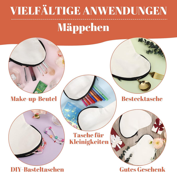10 Herzförmige Stoffbeutel zum Bemalen, DIY Federmäppchen mit 12 Buntstiften und 4 Malschablonen