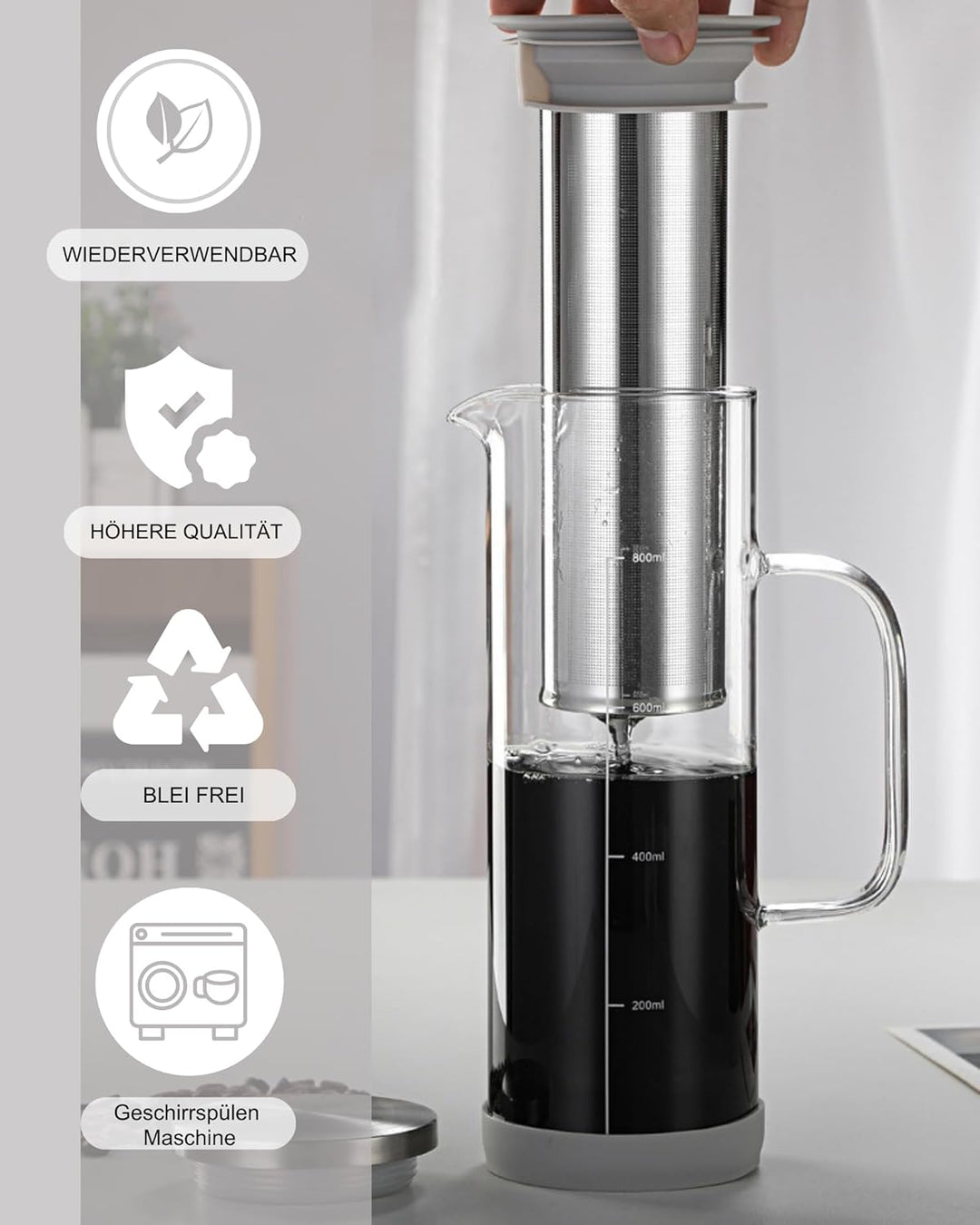 JanYoo Cold Brew Kaffeebereiter 800ml,Glas-Teekanne mit 304 Edelstahlfilter, Brühglas Karaffe Teetas