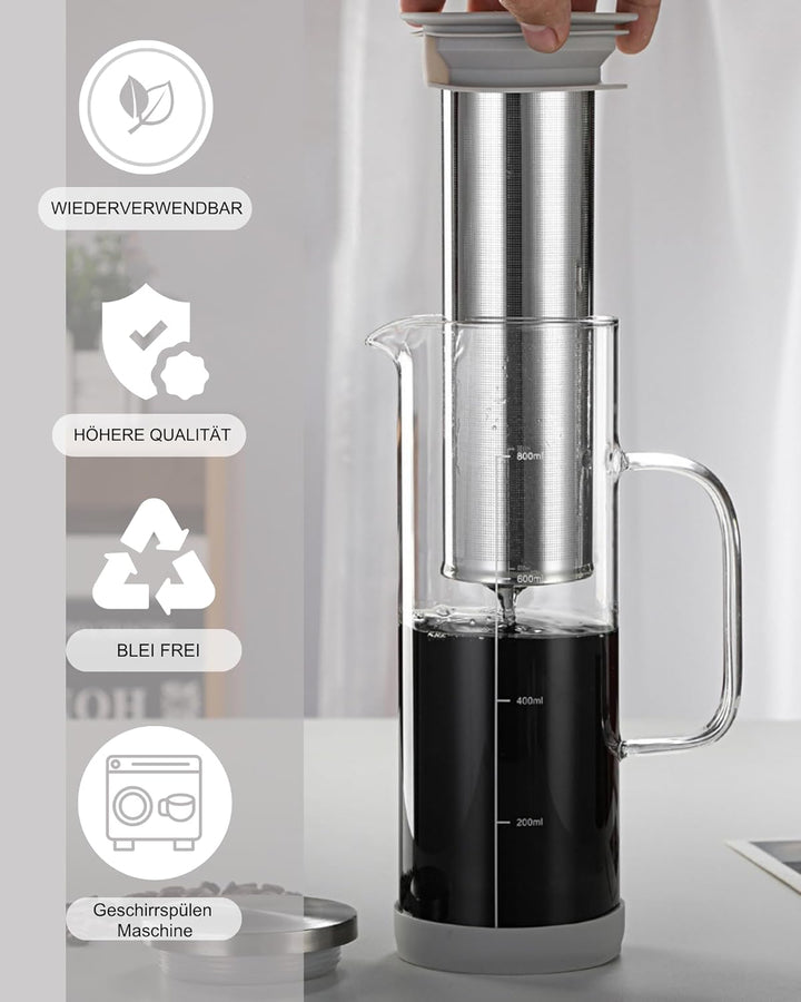 JanYoo Cold Brew Kaffeebereiter 800ml,Glas-Teekanne mit 304 Edelstahlfilter, Brühglas Karaffe Teetas