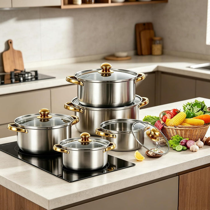 Topfset Induktion 5-Teilig, Topfset Edelstahl mit Glasdeckel Unbeschichtet | Induktions Töpfe set, f