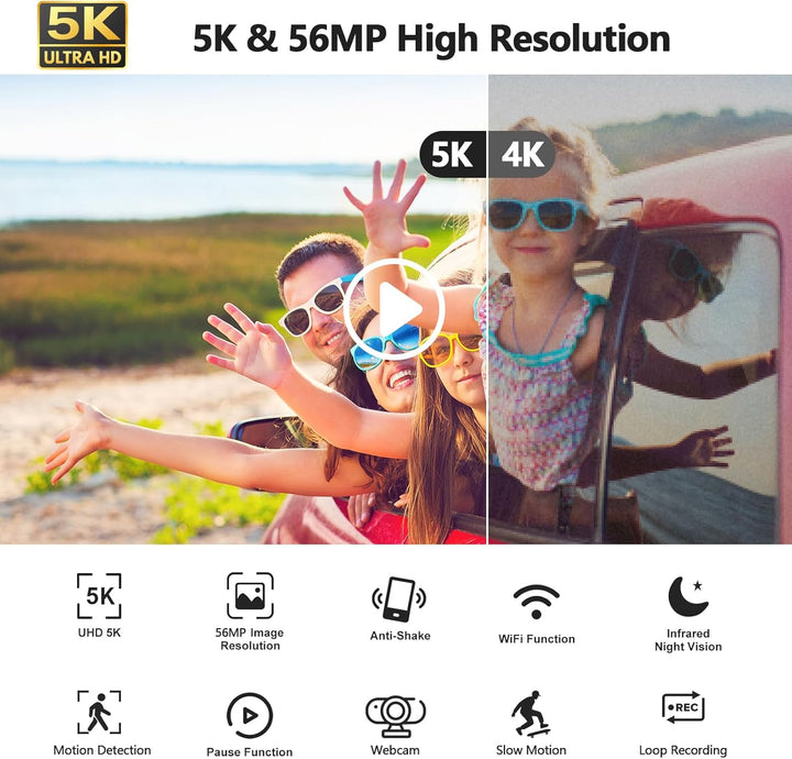 Videokamera Camcorder 5K Kamera mit 56MP, 16x Digitalzoom, IR Nachtsicht, WiFi Vlogging Kamera für Y