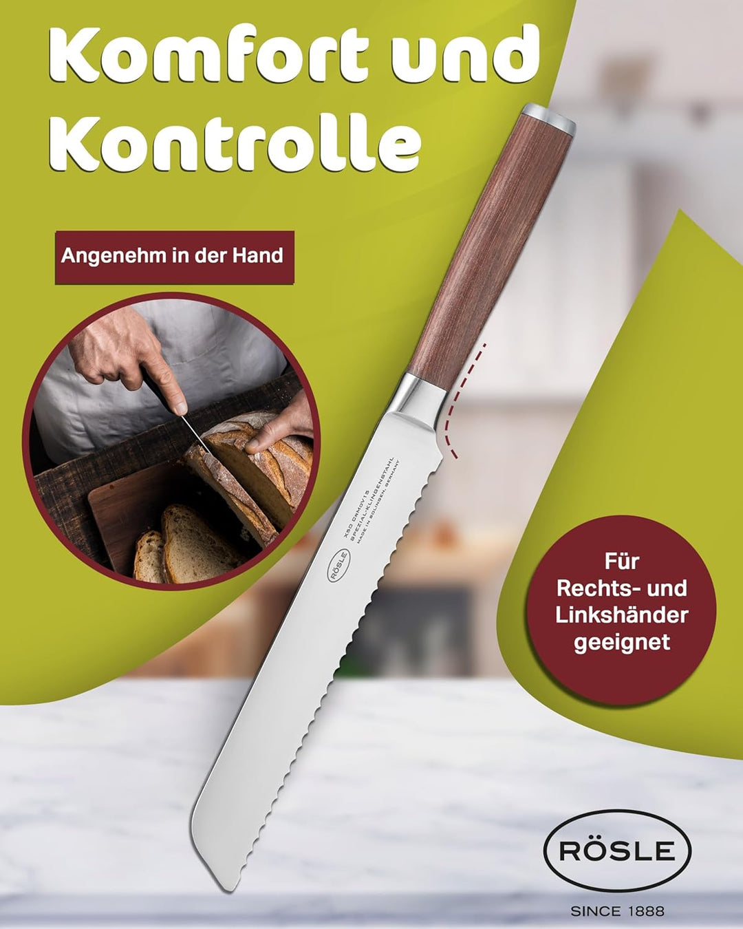 RÖSLE Brotmesser Masterclass, Hochwertiges Küchenmesser zum Schneiden von Brot, Brötchen und Baguett