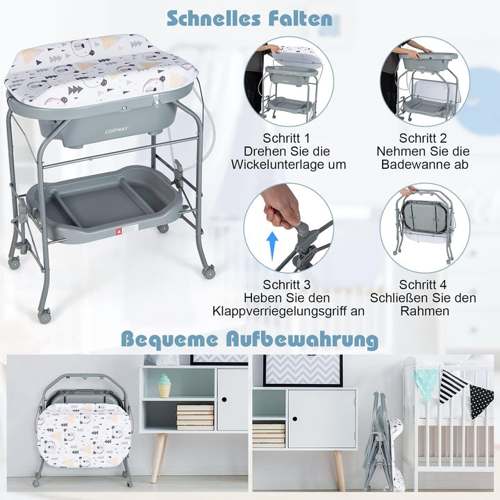 COSTWAY 4 in 1 Wickeltisch mit Badewanne, tragbare Wickelkommode mit PVC-Auflage & Abflussrohre, mob
