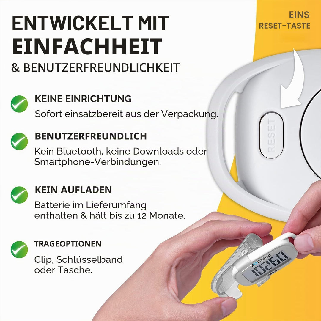 3DFitBud Einfacher Schrittzähler Gehen 3D-Schrittzähler mit Clip und Umhängeband, A420S Weiss mit Cl