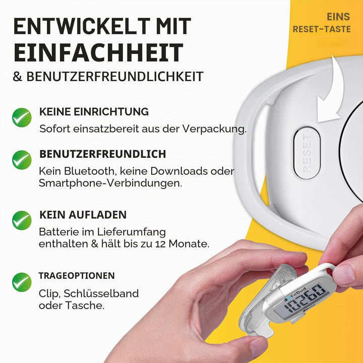 3DFitBud Einfacher Schrittzähler Gehen 3D-Schrittzähler mit Clip und Umhängeband, A420S Weiss mit Cl