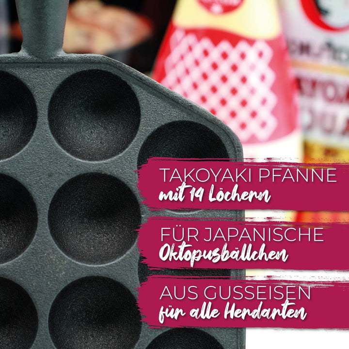 Takoyaki Pfanne aus Gusseisen mit Pick – 14 Mulden (3,5 cm) | Antihaft Takoyaki Maker | Octopus Ball