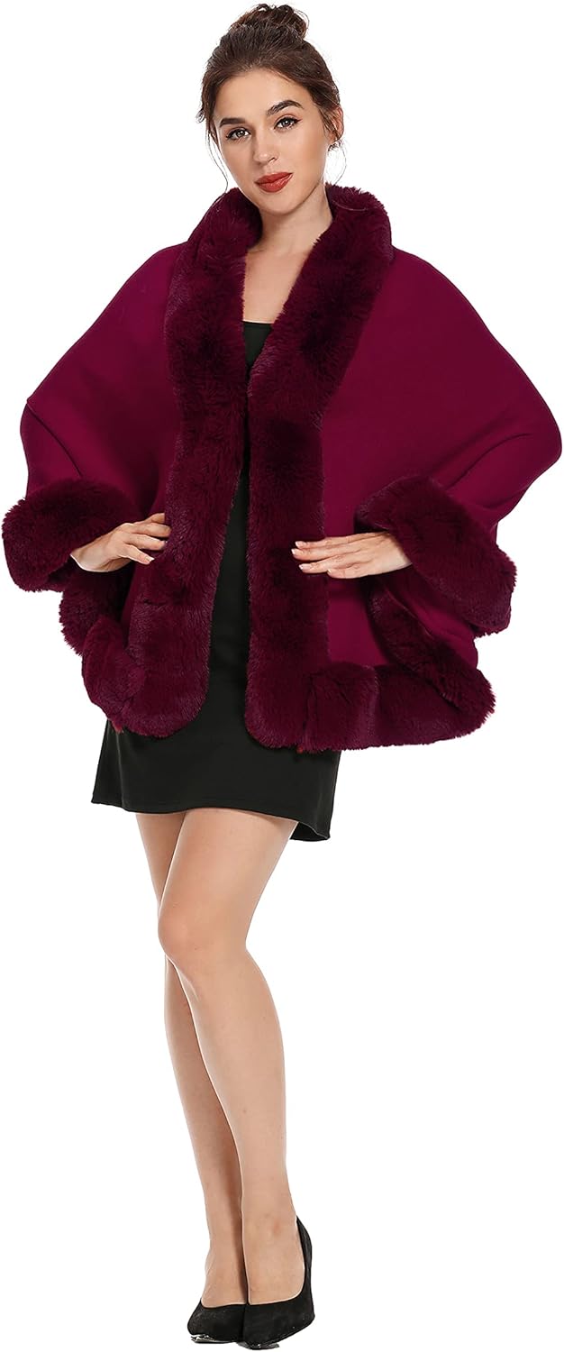 ZLYC Damen Winter Kunstpelz Poncho Cape Strick Schal Stola Warm Cardigan Burgund, Burgund