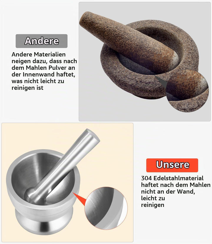 304 Mörser mit Stössel Set mit Stössel Klein, Löffel und Silikondeckel Gewürzmühle Brecher Kräutersc