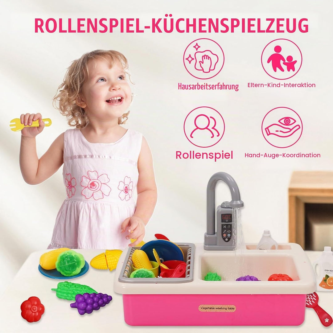 Küchenspüle Spielzeug Set mit Wasserkreislauf, Spielspüle Kinder mit Fliessendem Wasser, Matschküche