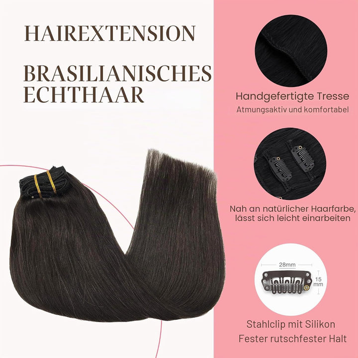GOO GOO Clip in Echthaarverlängerungen 7 Stücke 120g 45cm 18 Zoll Dunkel Braun natürliche Remy Echth