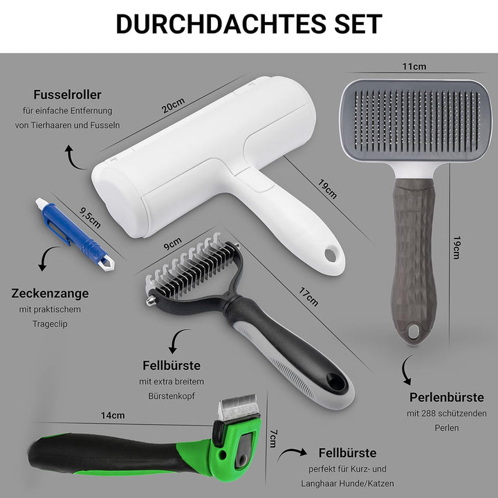 FinoPet 5er Set mit verschiedenen Hundebürsten/Katzenbürsten, XL Fusselrolle und Zeckenzange im Akti