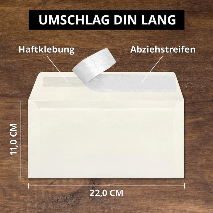 200 Brief-Umschläge DIN Lang - Naturweiss - 110 g/m² - 11 x 22 cm - sehr formstabil - Haftklebung -