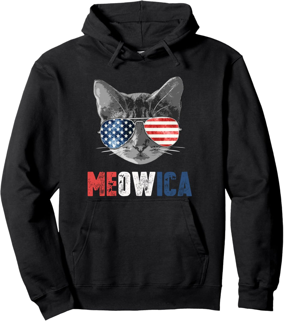 4th of July Shirt Meowica American Flag Cat Pullover Hoodie