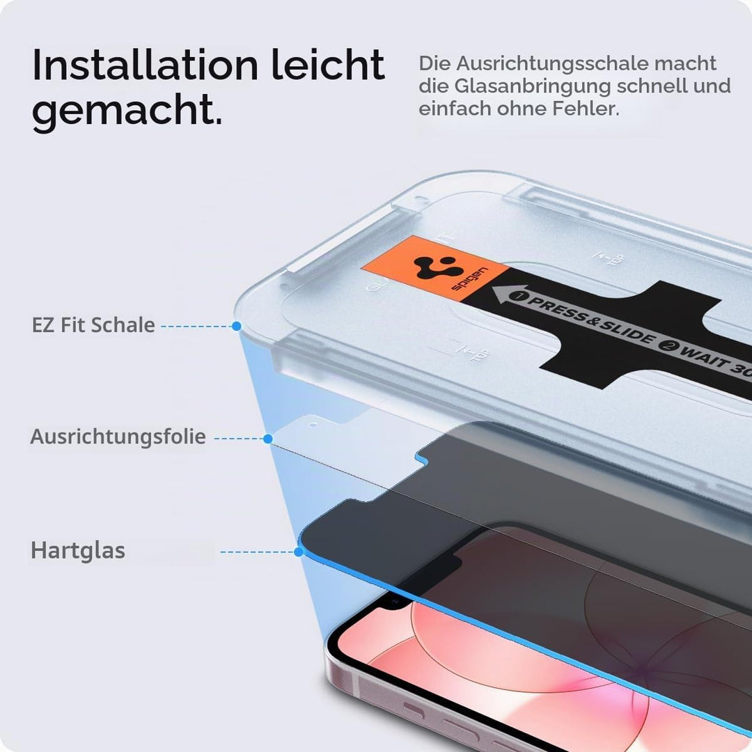 Spigen Glas.tR EZ Fit Sichtschutz Schutzfolie kompatibel mit iPhone 14, iPhone 13, iPhone 13 Pro, 2