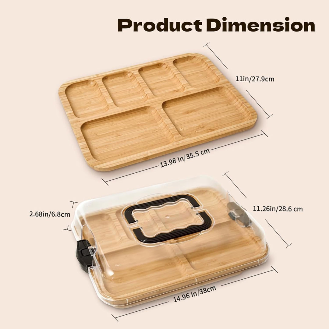 Wurstwarenbrett mit Deckel Bamboo Charcuterie Boards mit Clear Deckel & Handles 6 Fächer, die Tablet
