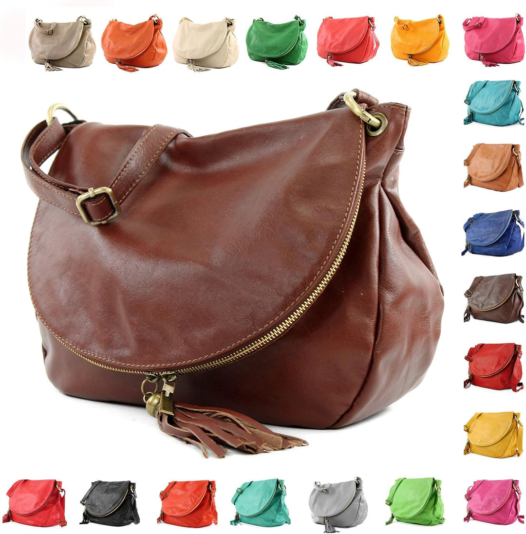 modamoda de - T40 - ital Schultertasche Umhängetasche Nappaleder Senfgelb/Leder, Senfgelb/Leder