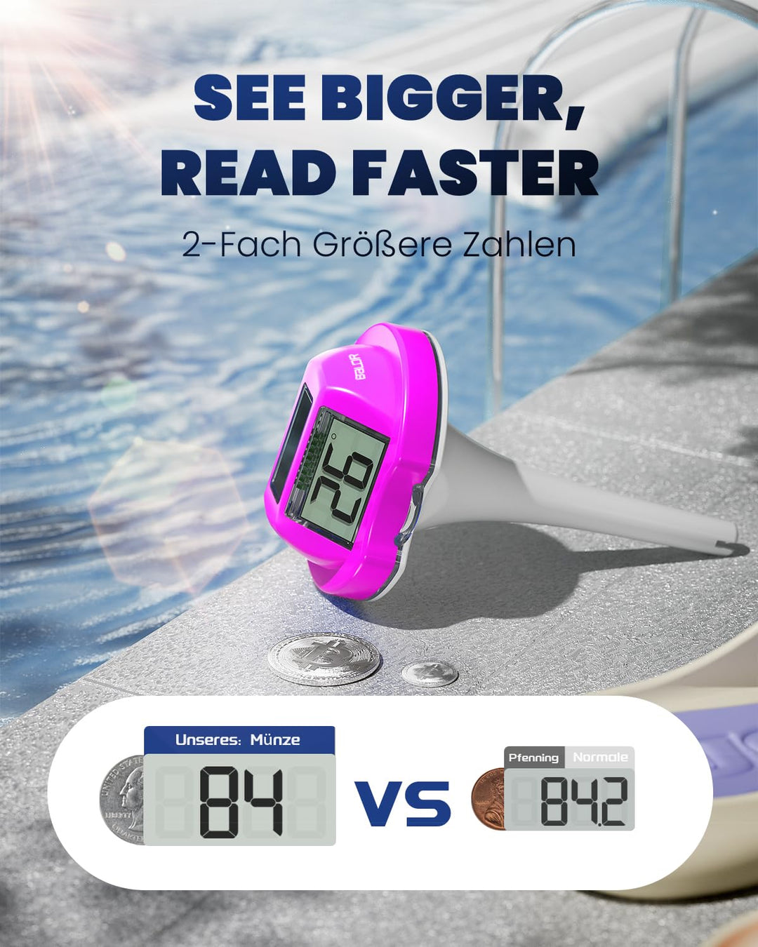 BALDR Solar Schwimmendes für Pool mit zwei grossen Displays | IPX7 wasserdichter digitaler Temperatu