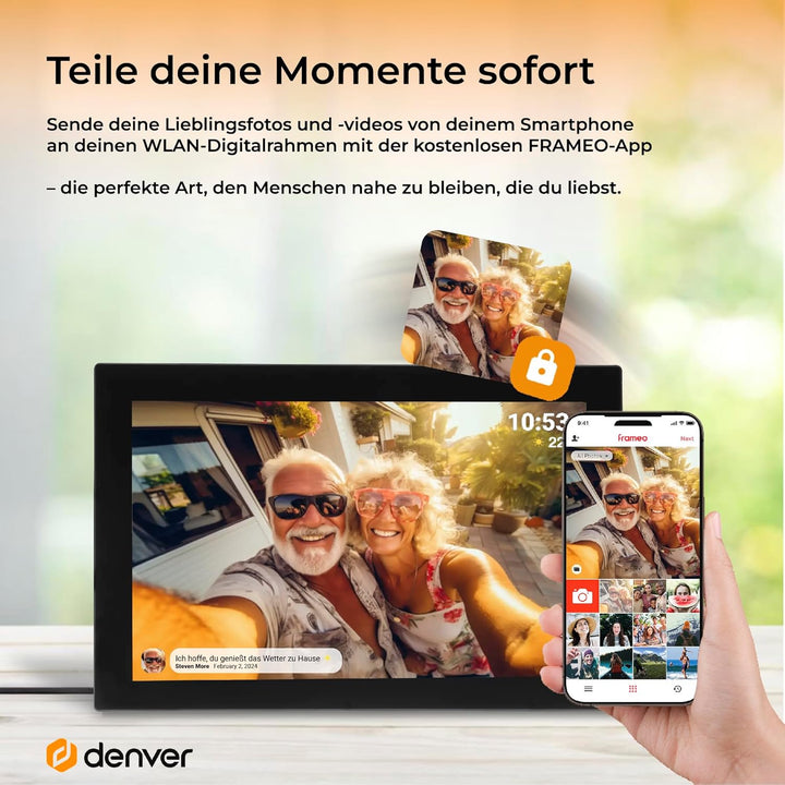 Denver PFF1037 Digitaler Bilderrahmen mit Glasdisplay und WiFi, 10.1 Zoll, Elektronischer Bilderrahm