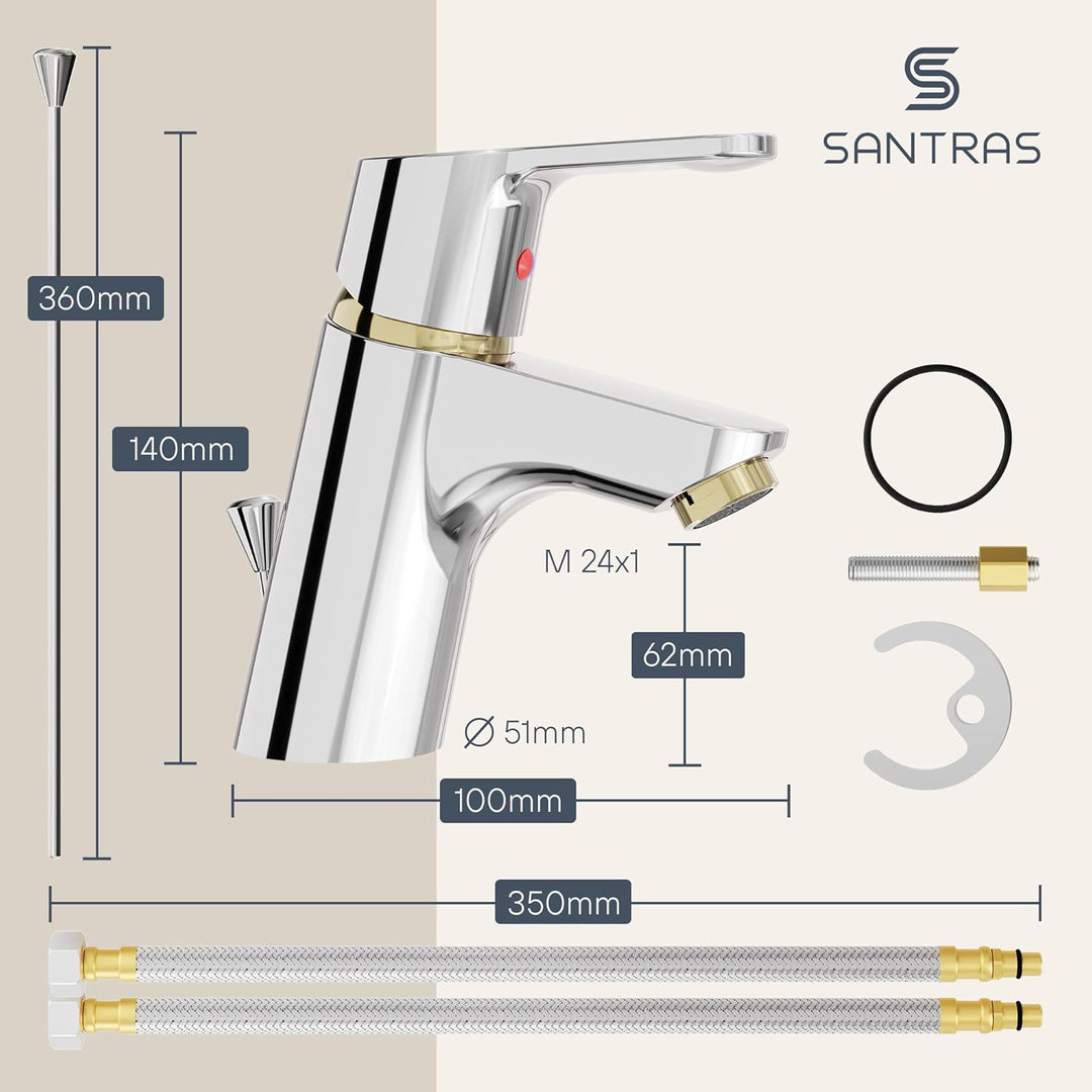 SANTRAS® Waschtischarmatur für das Bad mit Exzenter Ablaufgarnitur und Zugstange in Chrom/Gold – Ein