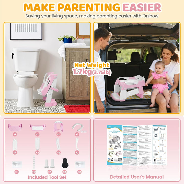 Orzbow Toilettensitz Kinder mit Treppe, 2-in-1 Kinder Toilettensitz, Töpfchen für Kinder, Höhenverst