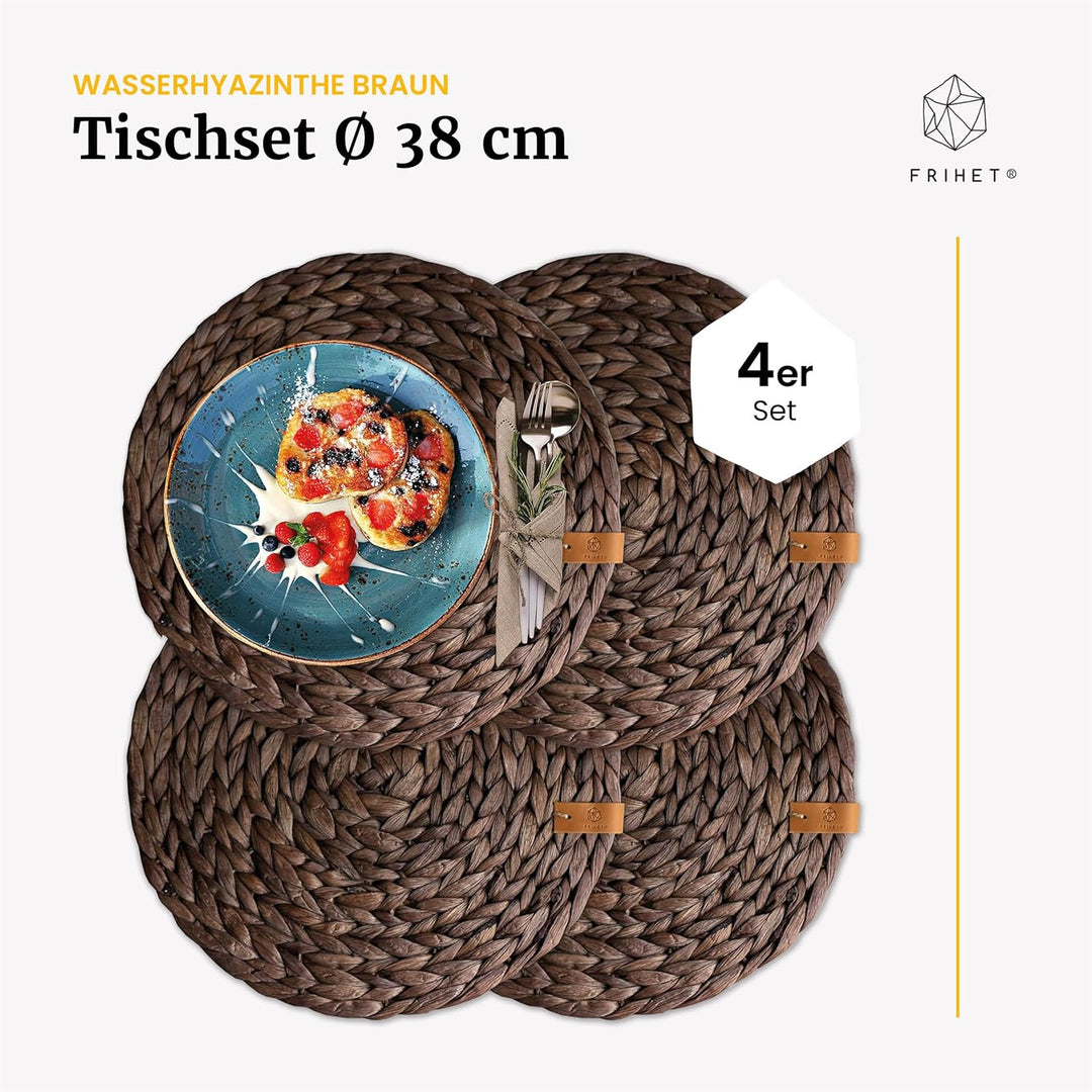FRIHET® Tischset Oslo Set Rund Wasserhyazinthe Natur - (4, 38cm braun) 4 38cm braun, 4 38cm braun