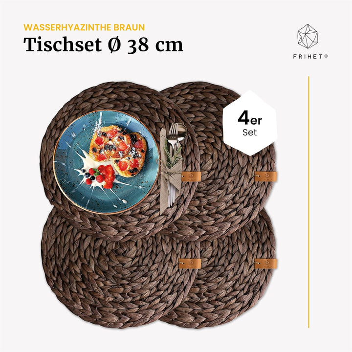 FRIHET® Tischset Oslo Set Rund Wasserhyazinthe Natur - (4, 38cm braun) 4 38cm braun, 4 38cm braun