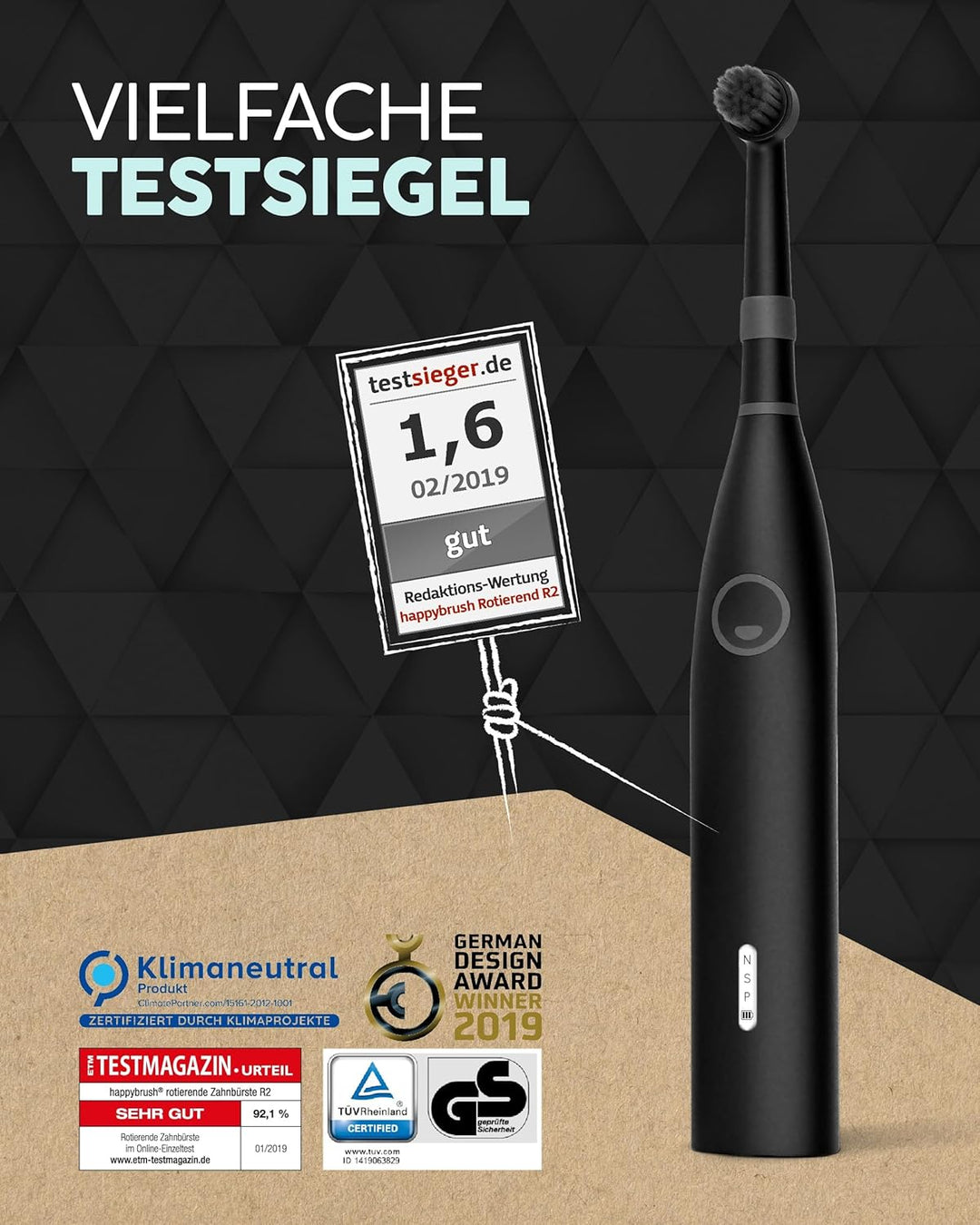 happybrush® Elektrische Zahnbürste Eco R2 - Nachhaltige rotierende Zahnbürste mit Power-Akku inkl. 3