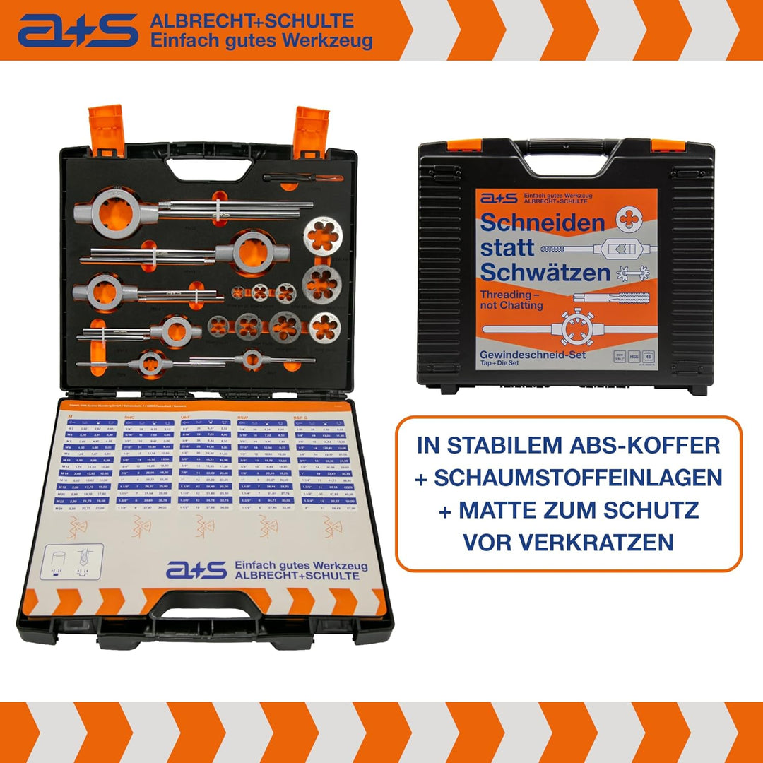 a+s BSW Gewindeschneider Set | HSS-G, 1/4"-1'', 46-teilig | Zoll Gewindebohrer & Schneideisen | Komp