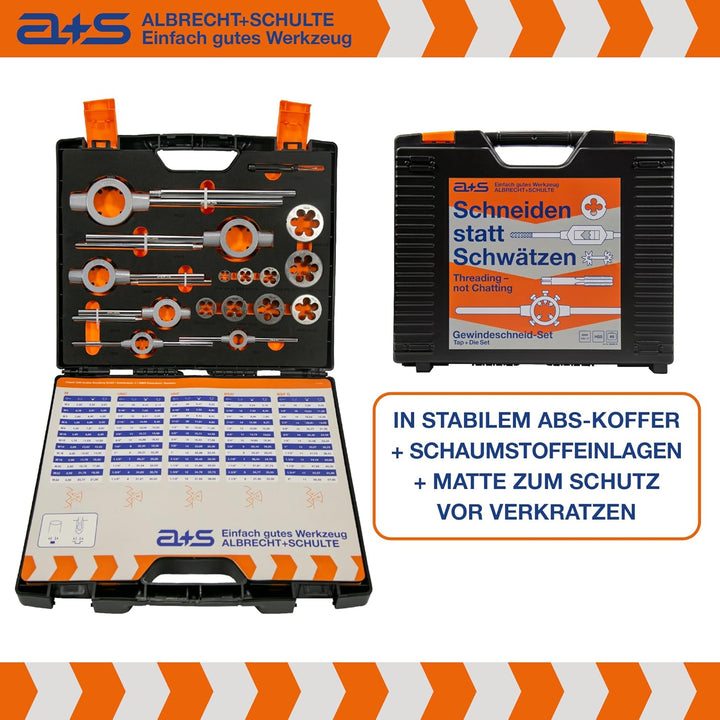 a+s BSW Gewindeschneider Set | HSS-G, 1/4"-1'', 46-teilig | Zoll Gewindebohrer & Schneideisen | Komp