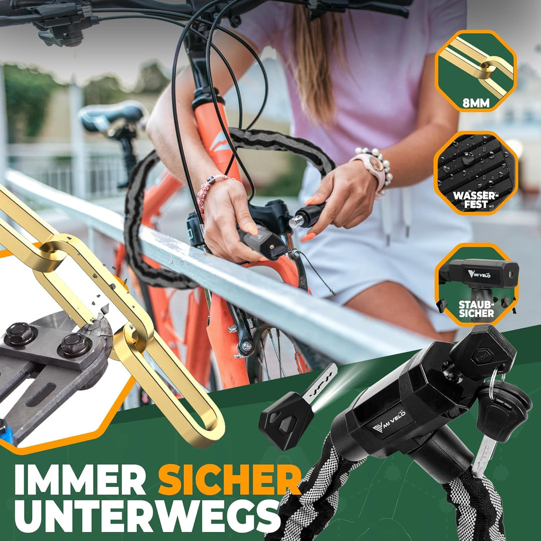 MIVELO Fahrradschloss Kettenschloss hohe Sicherheit 100cm lang I Fahrrad Schloss 8mm gehärteter Stah