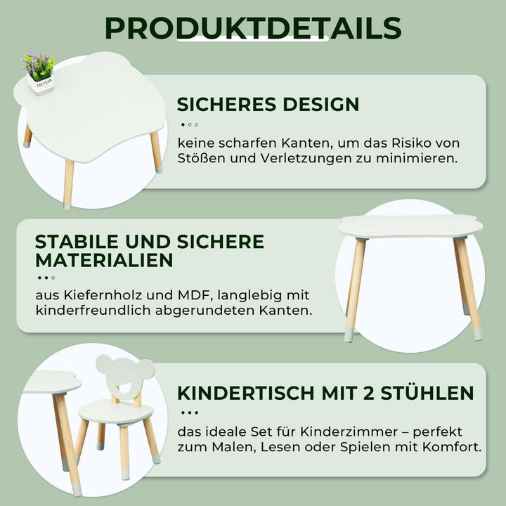 Rebecca Mobili Tisch und 2 Stühle für Kinderzimmer, Montessori Set 3 Teile, Wassergrün Braun, MDF Ki