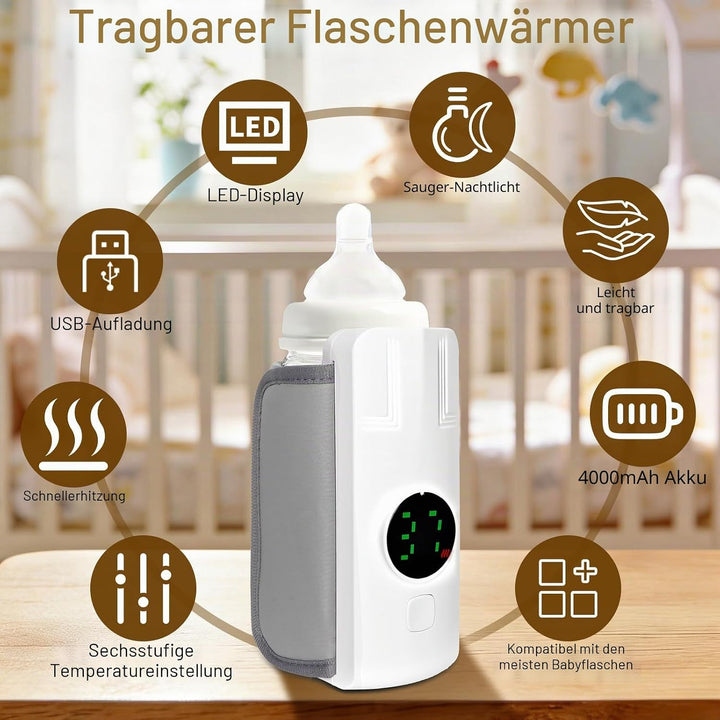 Flaschenwärmer Baby, Unterwegs Babyflaschen Wärmer mit LCD-Display USB-Ladung, 6-Temperaturstufen (3