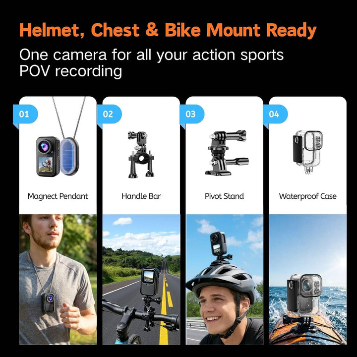 5K 64MP Action Cam mit Magnetischer Halterung, 66g Helmkamera für Motorrad & Fahrrad, Dual-Display V