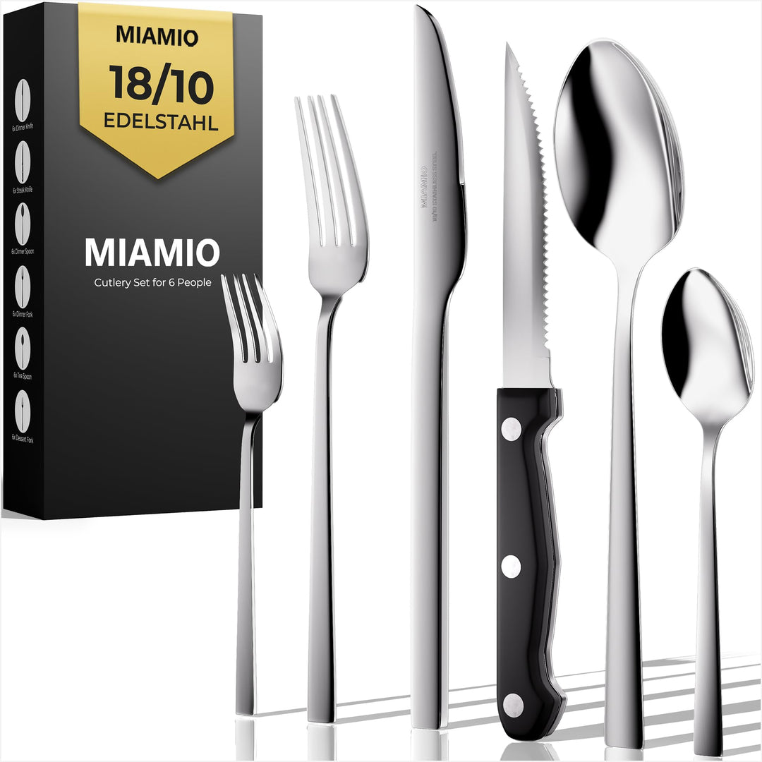 MIAMIO – Besteck Set für 6 Personen / 36-teilig Besteckset mit Messer, Gabel, Löffel, 18/10 Edelstah